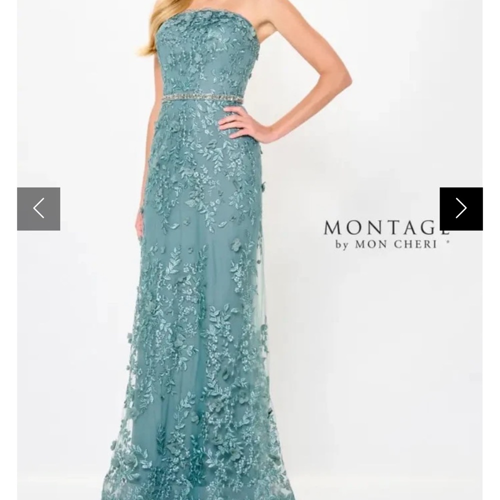 Montage by Mon Cheri Strapless Teal Floral Appliqué Gown 118961